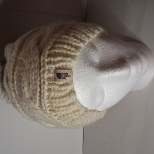 The North Face Cream Winter Hat With Faux Fur Pom, One Size